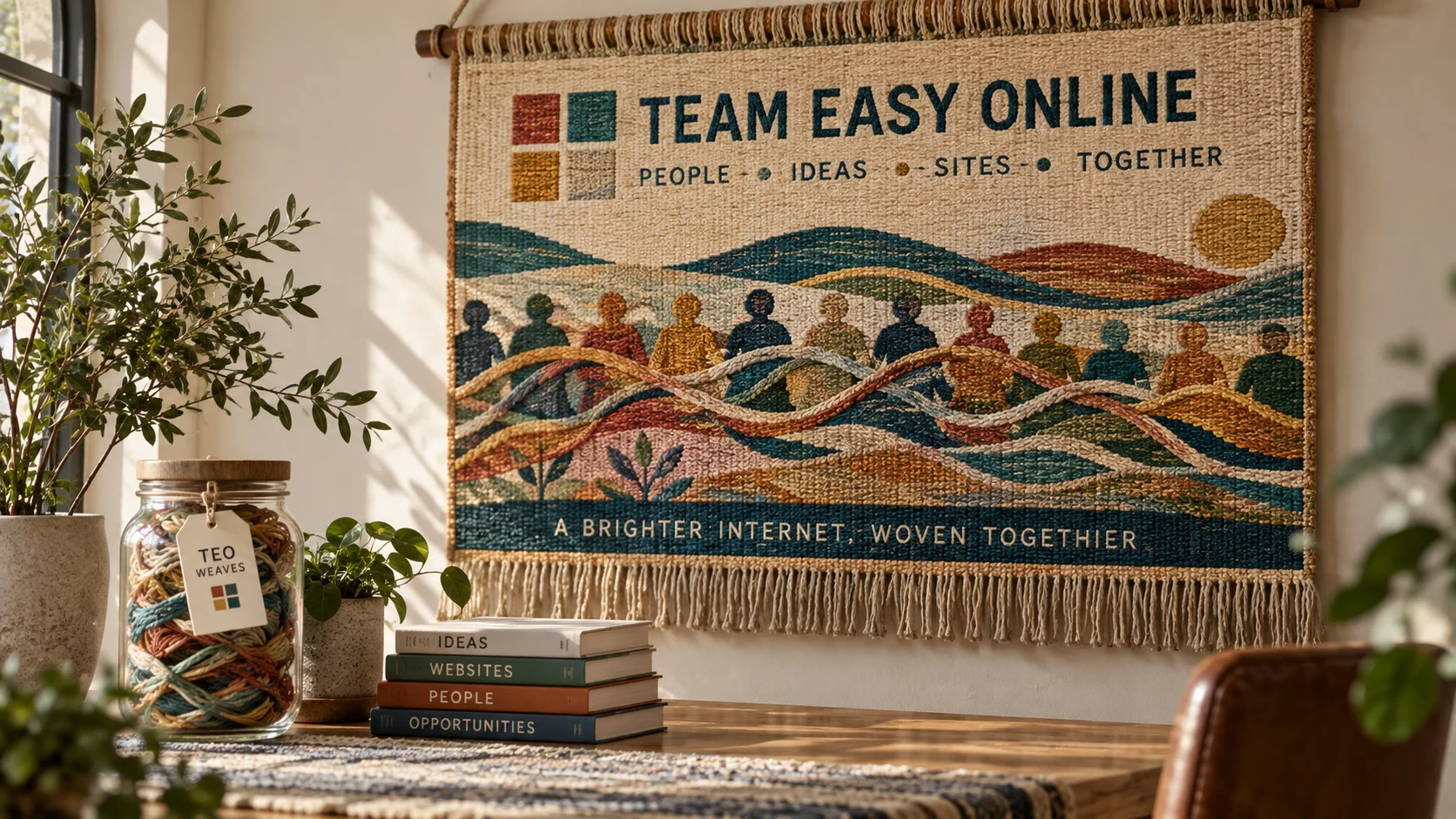 A warm woven studio with plants, a community tapestry and a jar of TEO weaves
